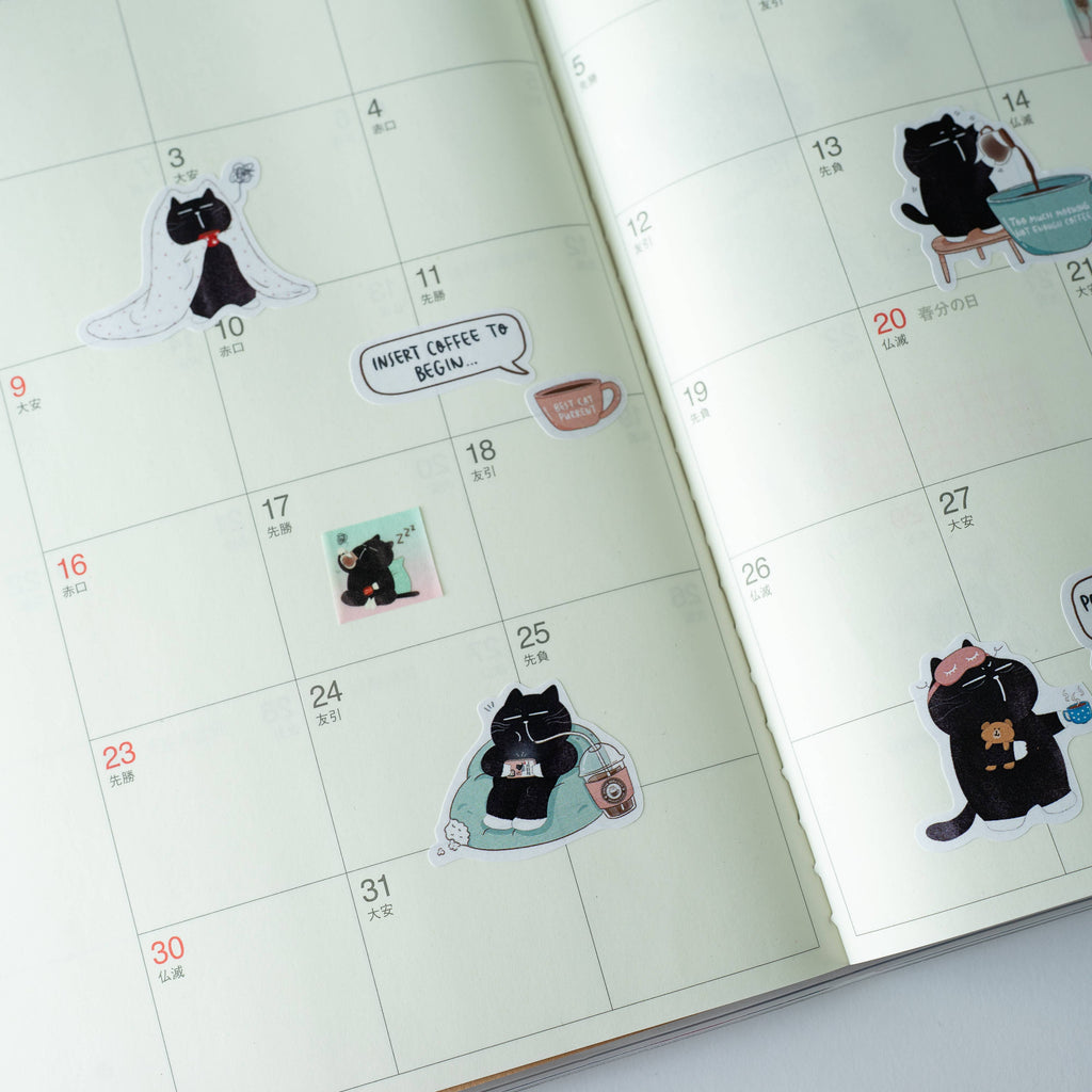 Funny Black Cat Sticker Sheet for Coffee & Cat Lovers