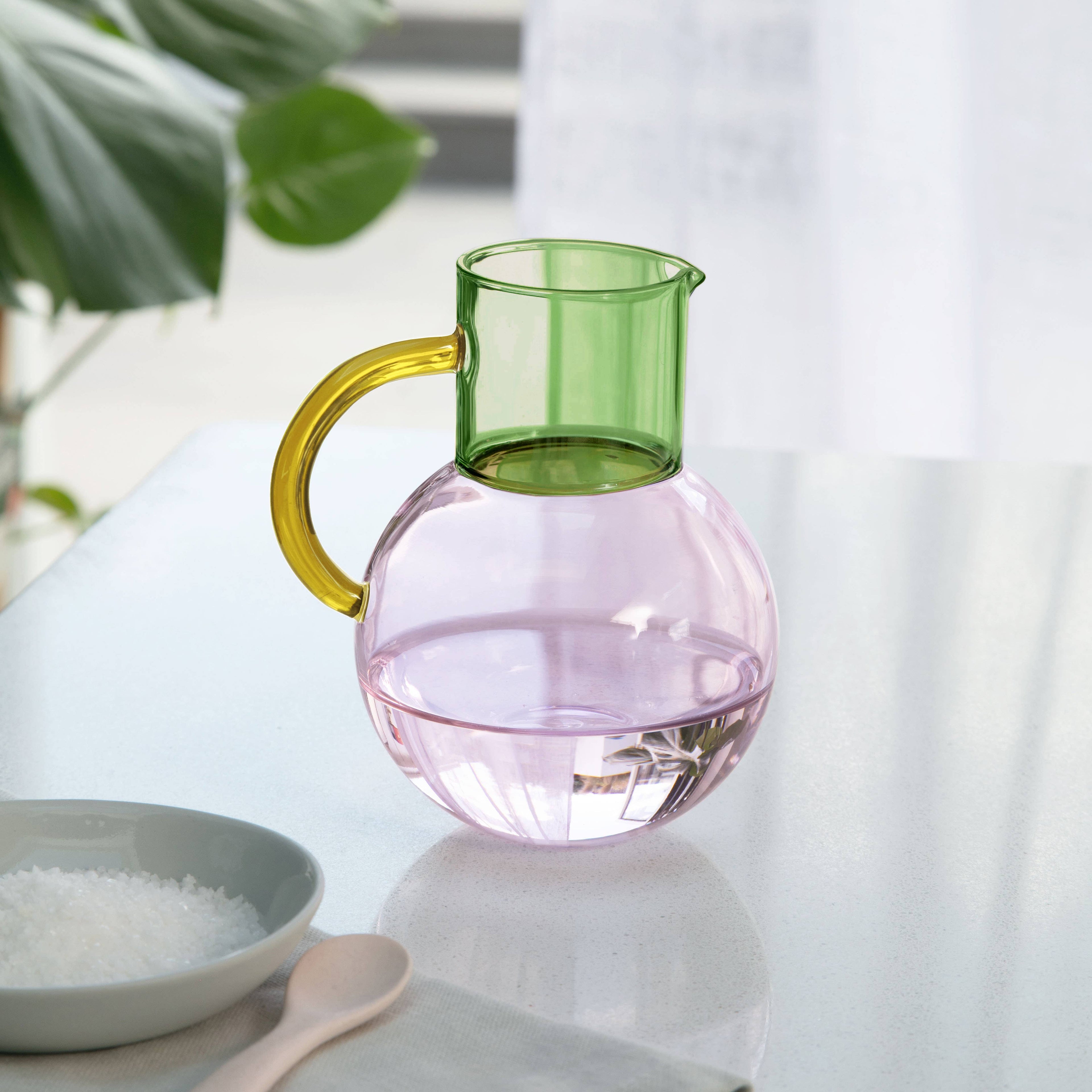 Block Design - Small Pink, Yellow and Green Glass Jug