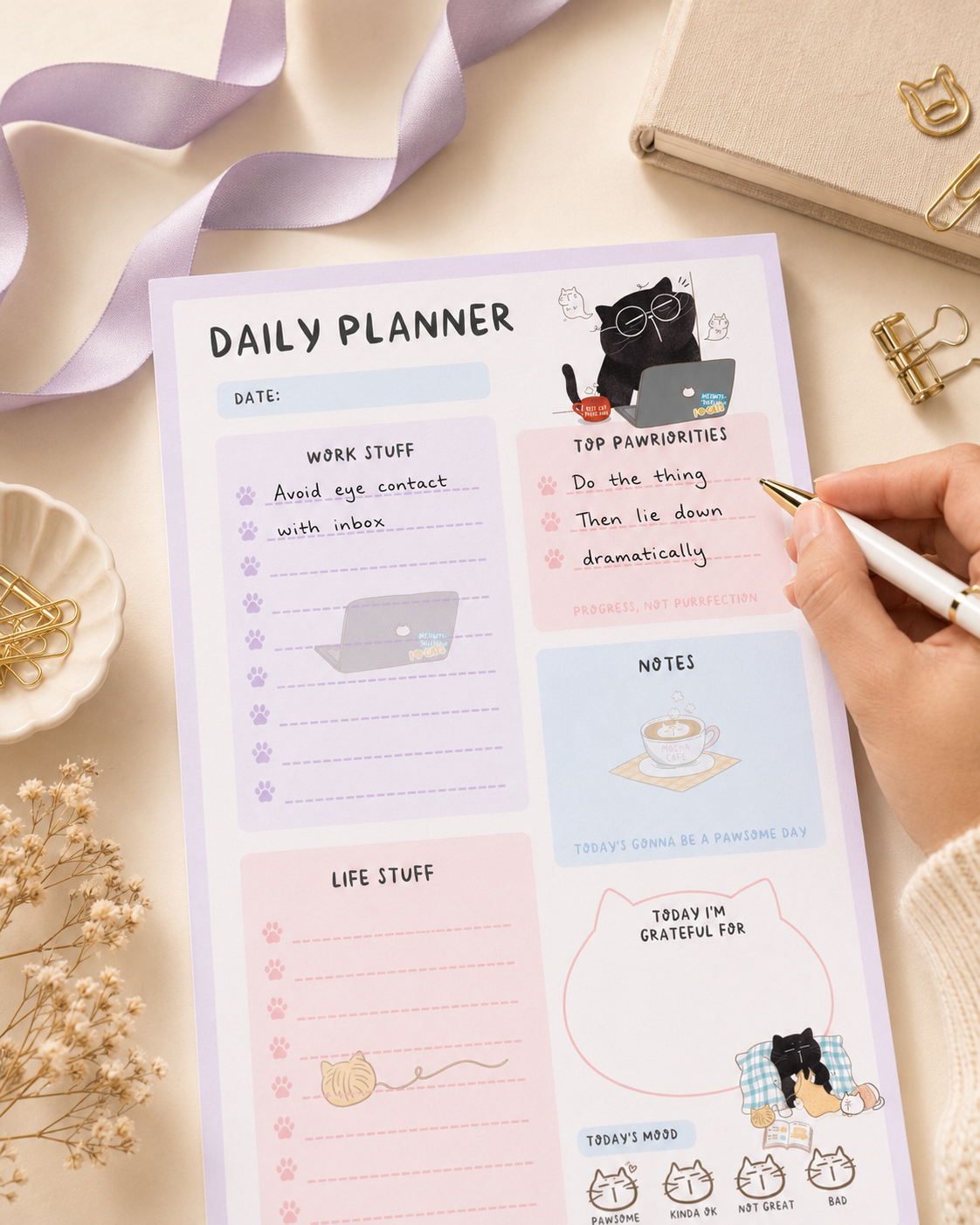 Kawaii Cat Daily Planner Notepad, A5, 50 pages, Mood Tracker