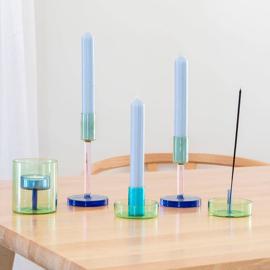 Glass Candlestick - Medium - Green & Pink
