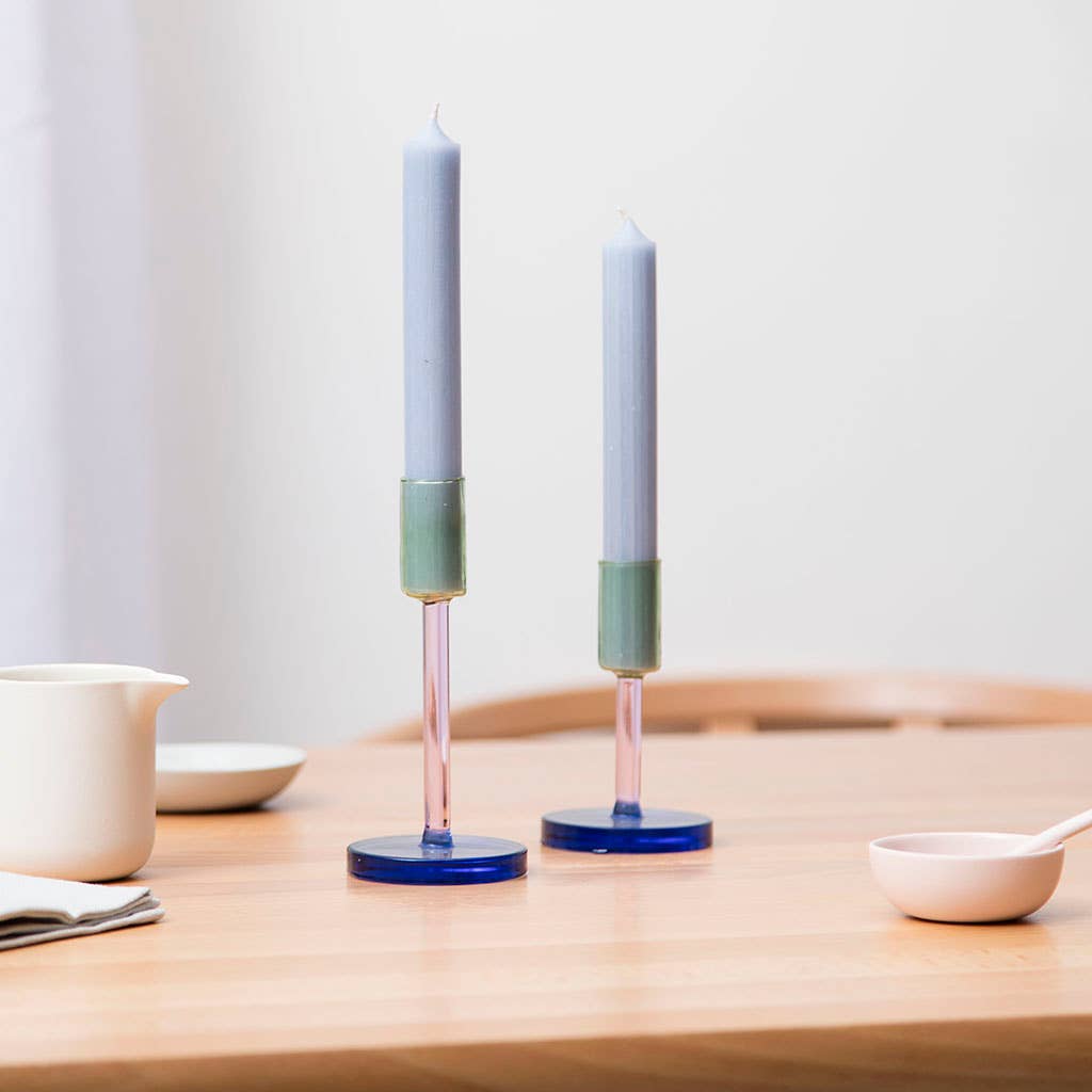 Glass Candlestick - Medium - Green & Pink