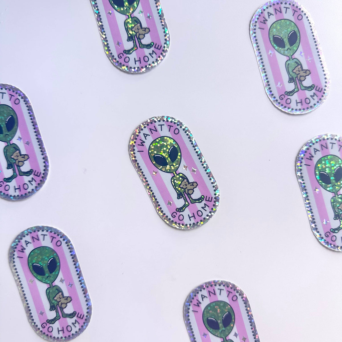 Holographic Sticker | Pink Alien UFO I Want To Go Home Sad
