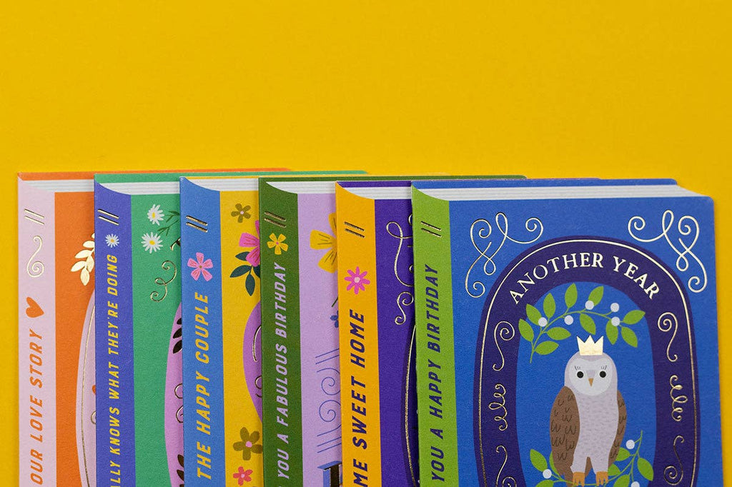 Whimsical Wise Owl Storybook Birthday Card with gold foil