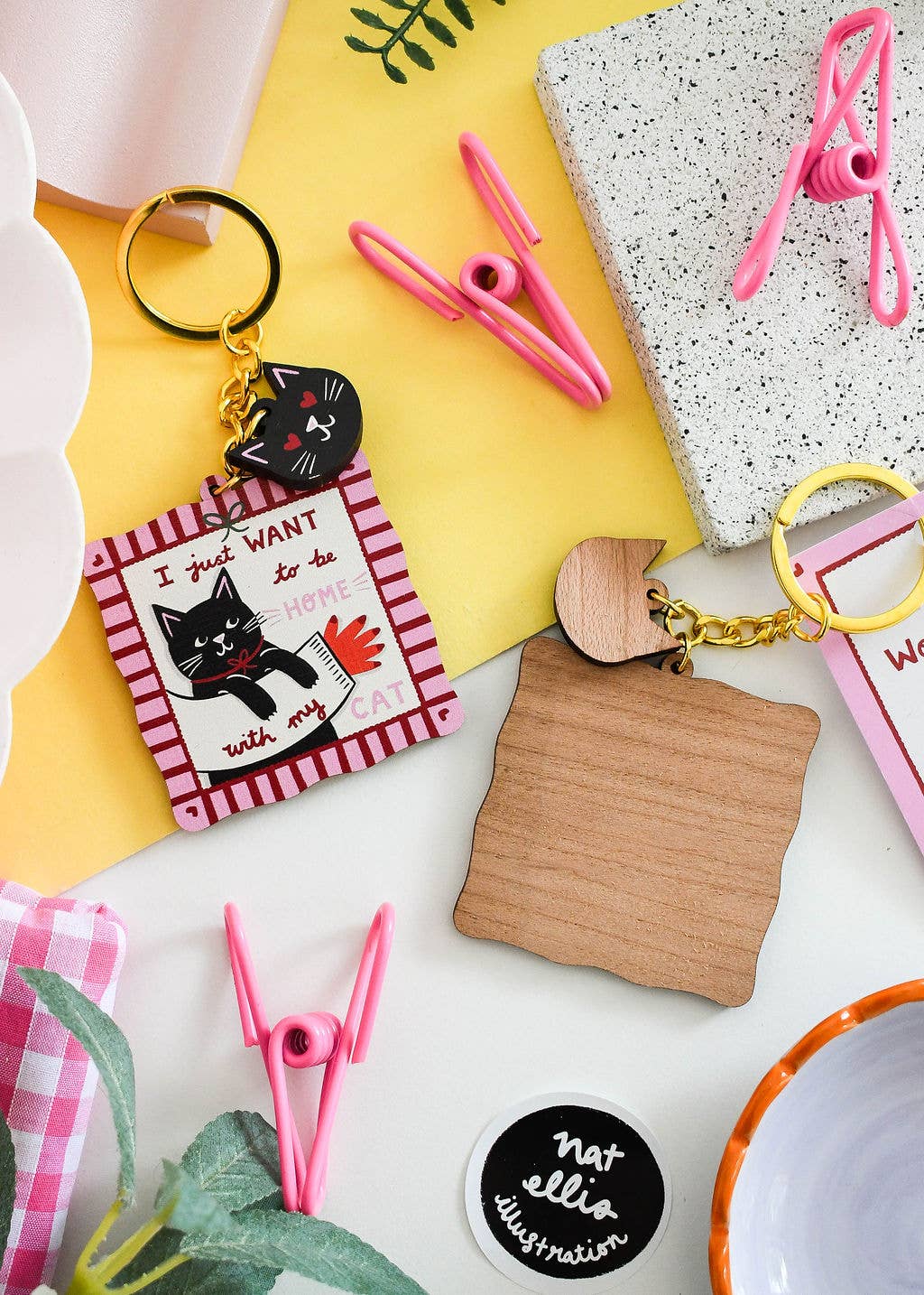 Nat ElIis Illustration - Just Want to be Home With My Cat Wooden Cat Keyring
